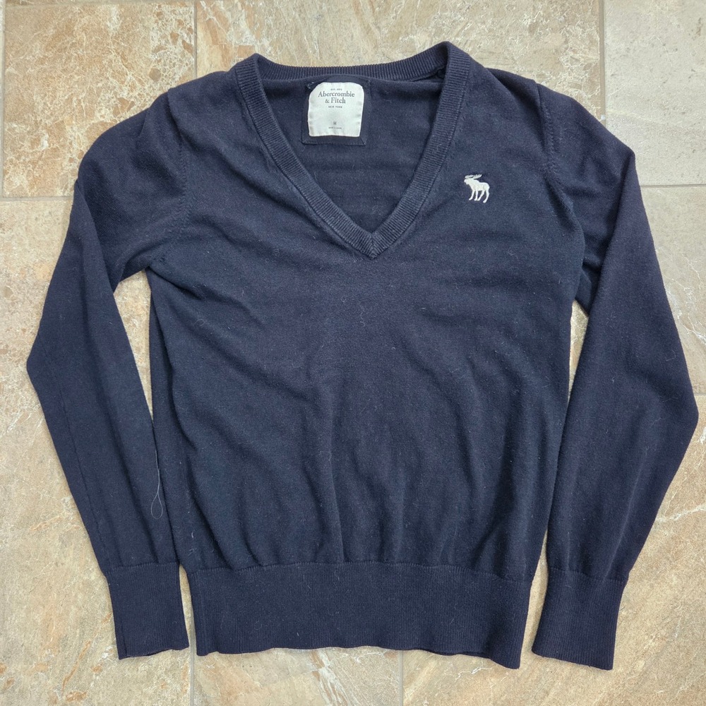 Abercrombie‎ Fitch Navy V Neck Long Sleeve Sweater Classic Logo Women M
